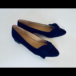 Suede Blue Flats with bows and gold accents